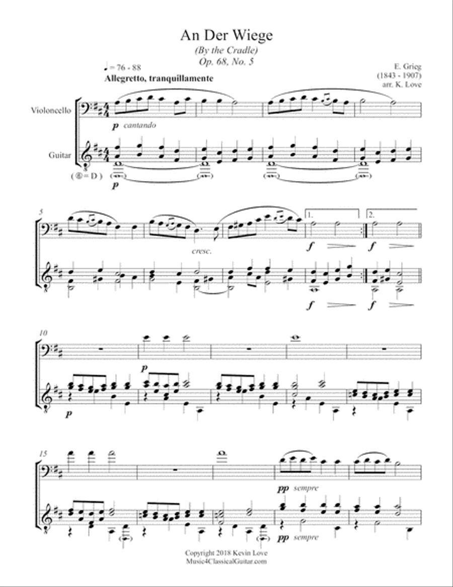 An der Wiege (By the Cradle), Op. 68, No. 5 (Cello and Guitar) - Score and Parts Cello scores gallery preview page 1