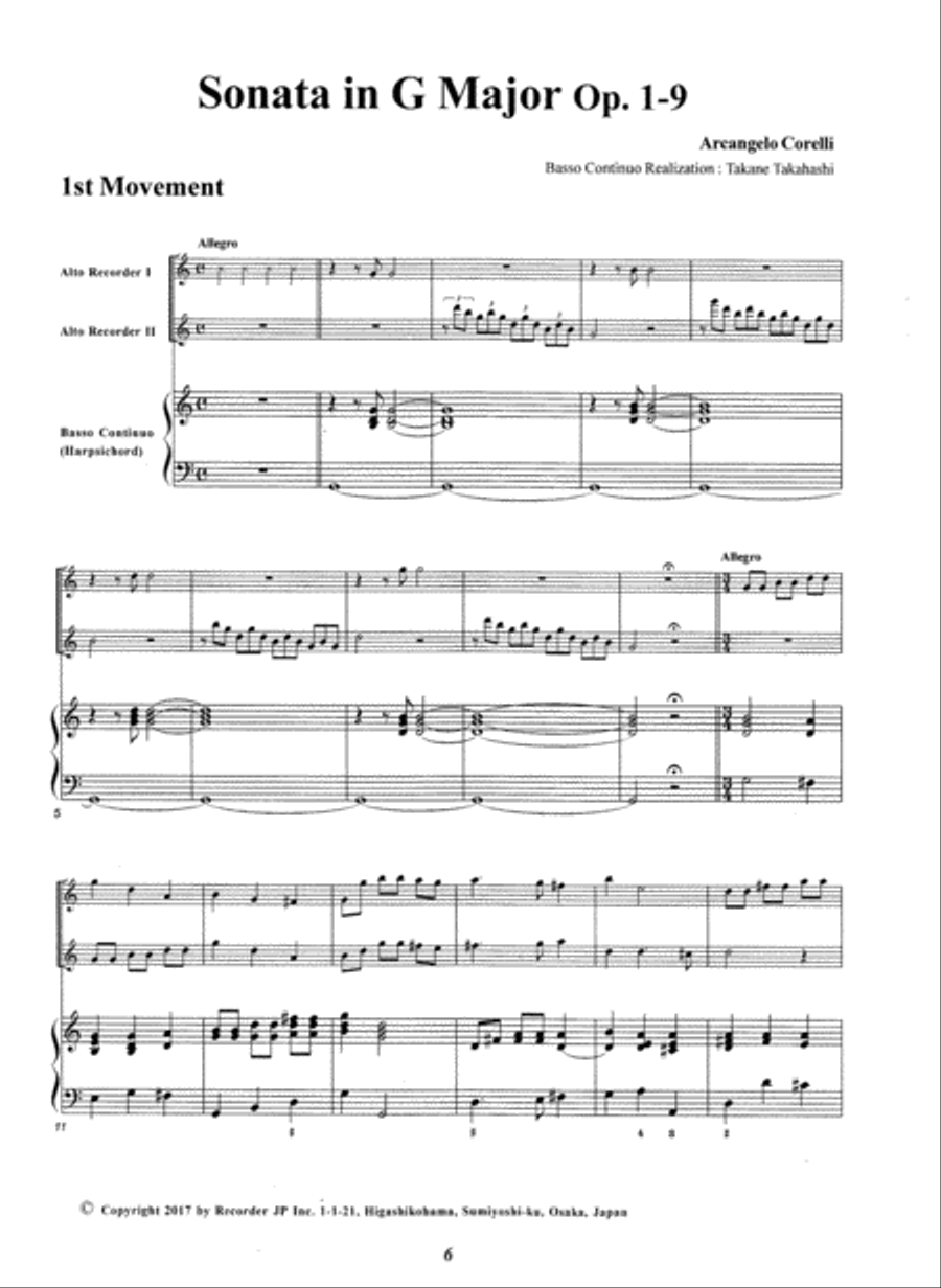 Trio Sonata G Major Op. 1-9 Alto Recorder scores gallery preview page 3