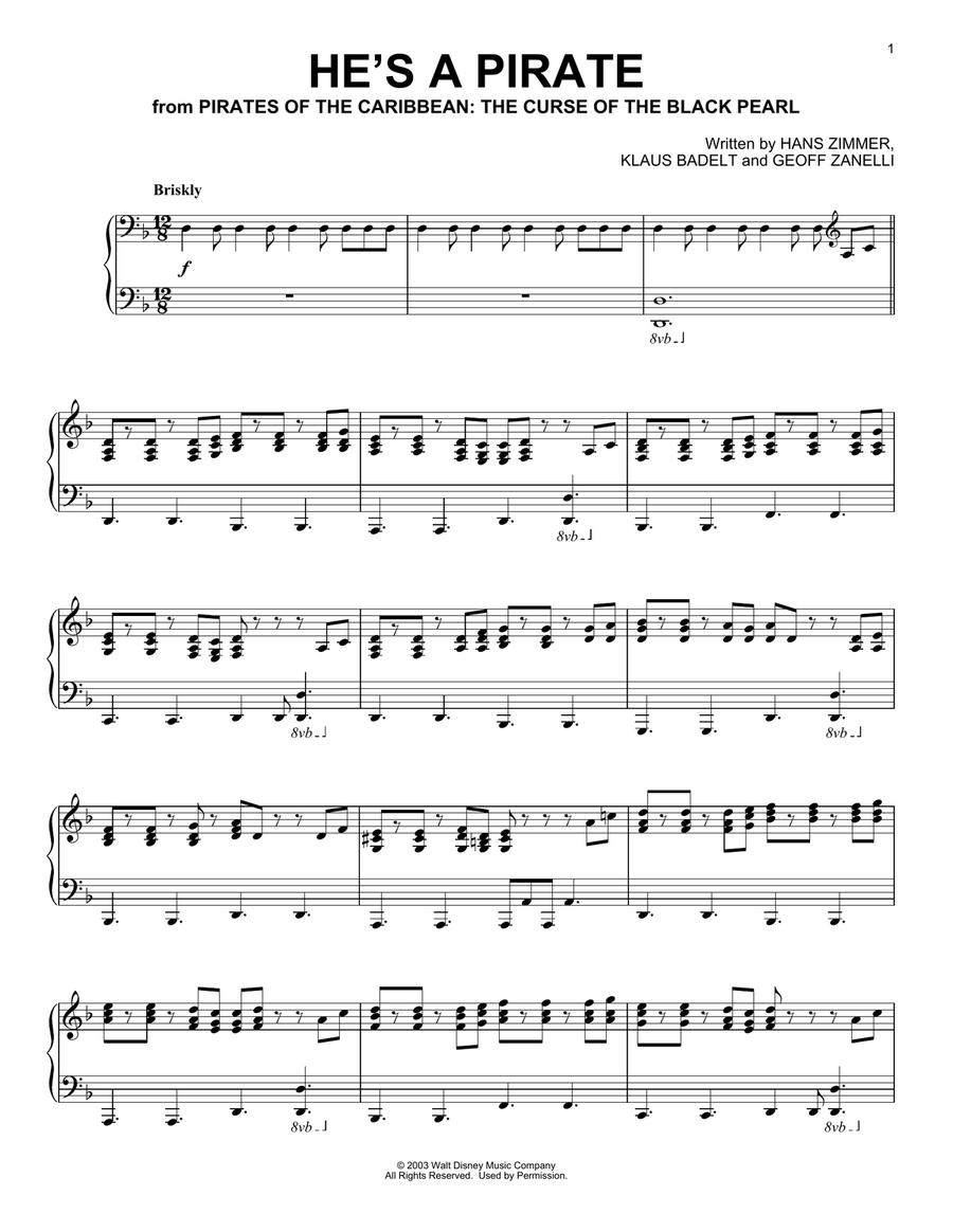 He's A Pirate (from Pirates Of The Caribbean: The Curse of the Black Pearl) Piano Solo scores gallery preview page 1