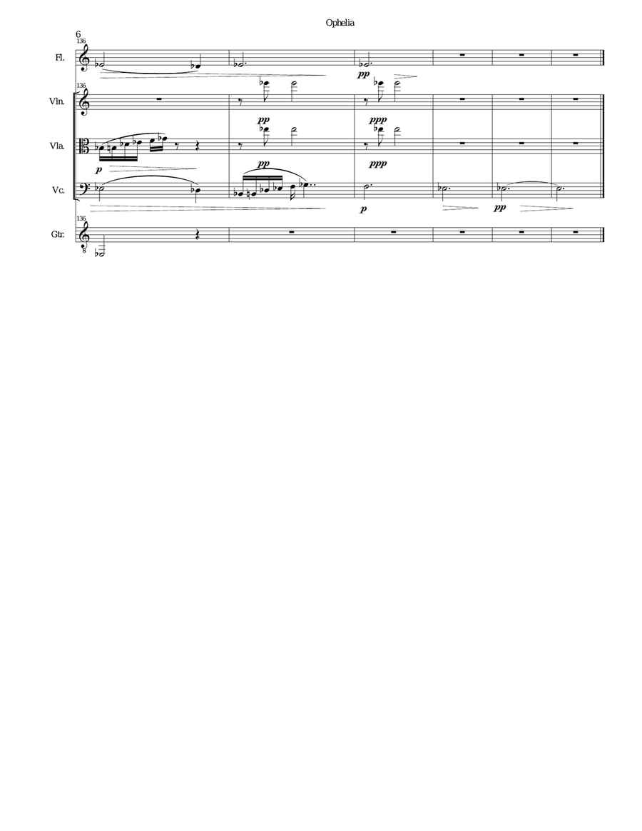 Ophelia for flute, string trio and guitar Small Ensemble scores gallery preview page 6