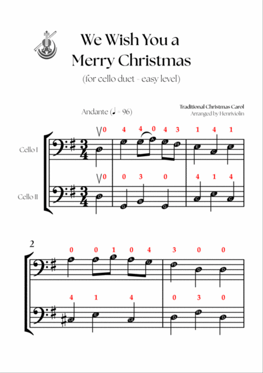 We Wish You a Merry Christmas (CELLO DUET - EASY LEVEL) String Duet scores gallery preview page 2