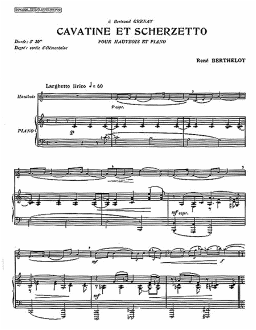 Cavatine Et Scherzetto oboe Piano by Rene Berthelot Oboe
