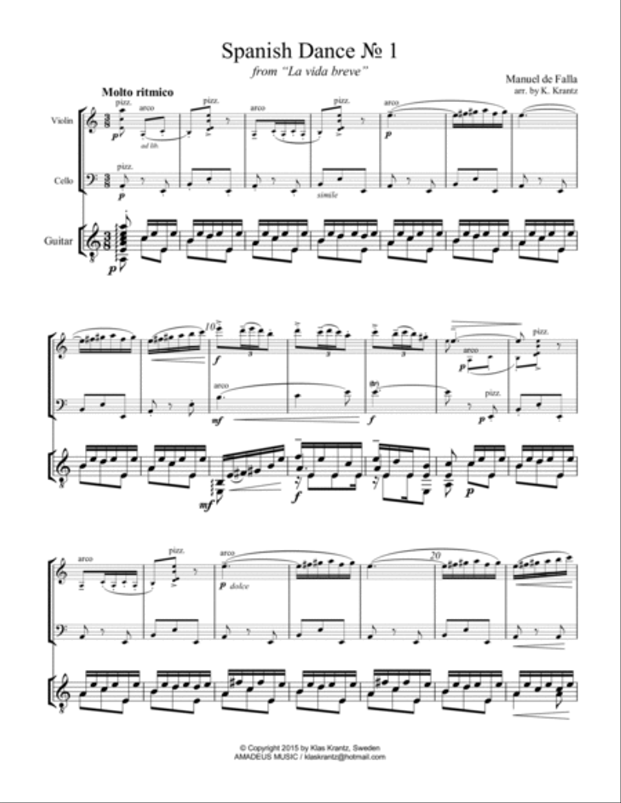 Spanish Dance No. 1, Danza from La vida breve for violin, cello and guitar Cello scores gallery preview page 2
