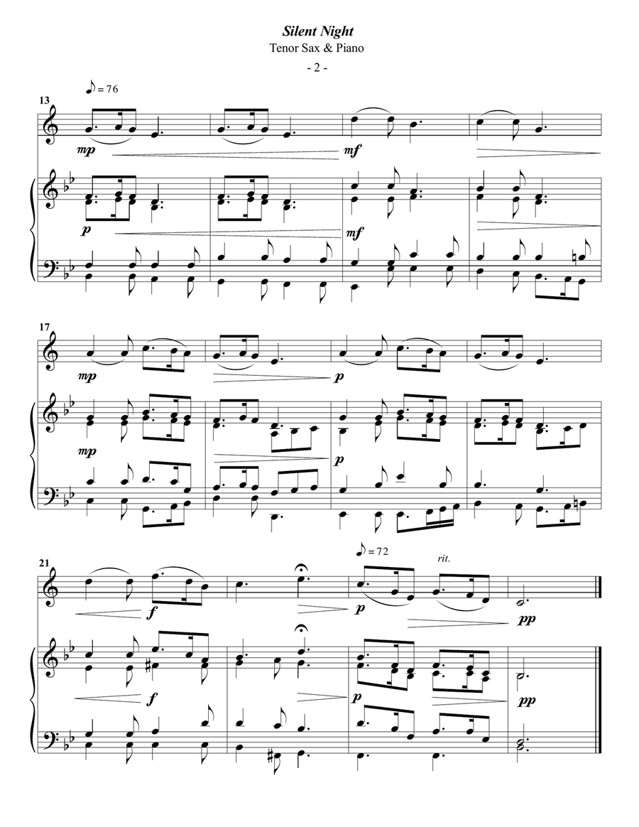 Silent Night for Tenor Sax & Piano Tenor Saxophone scores gallery preview page 2