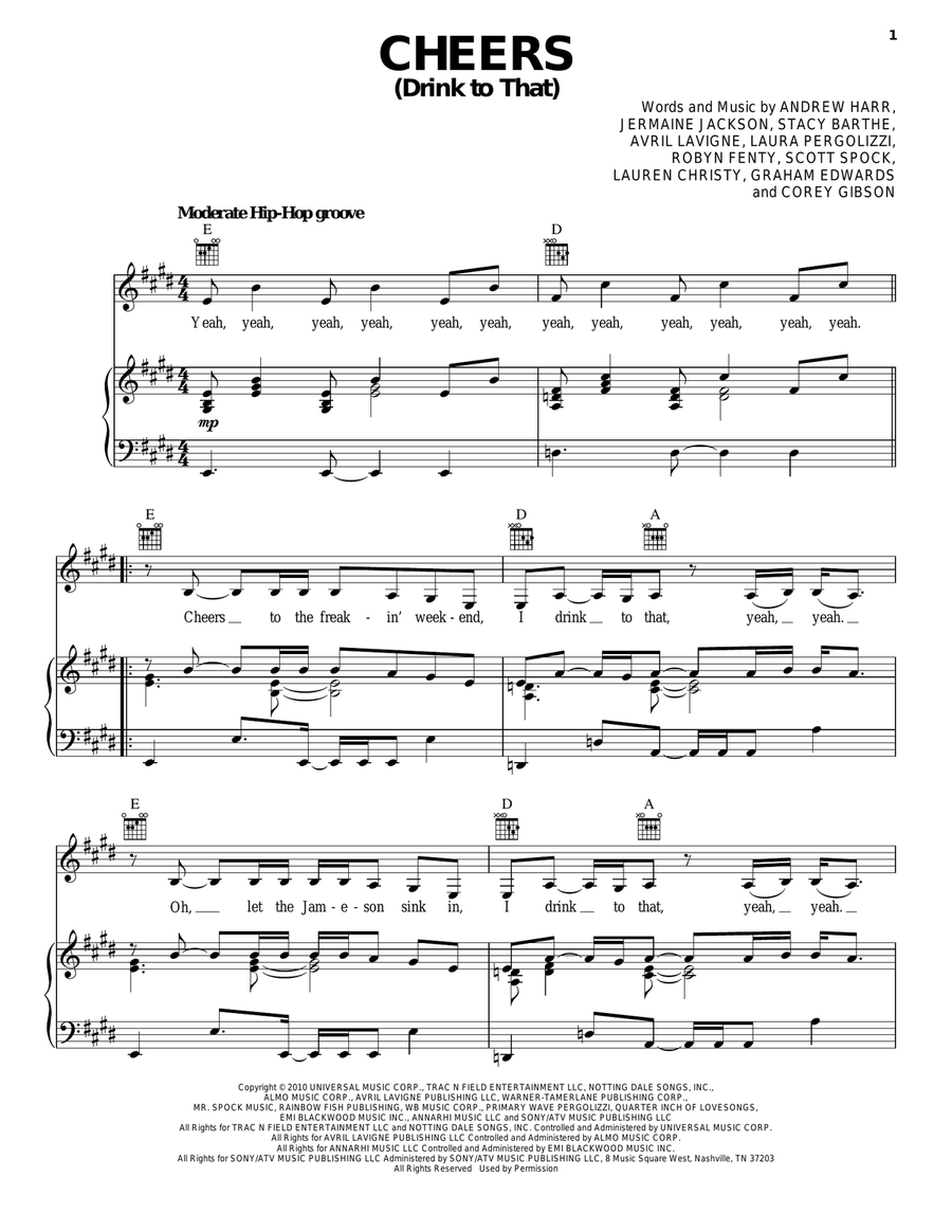 Cheers (Drink To That) Piano, Vocal, Guitar scores gallery preview page 1