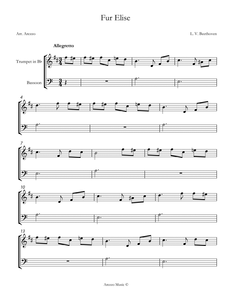 beethoven fur elise Trumpet and Bassoon sheet music. image number null