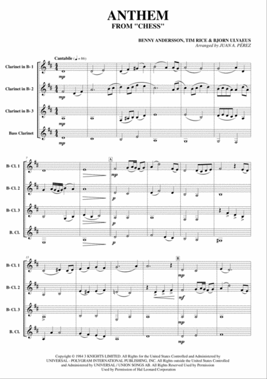 Anthem (from Chess) Clarinet Quartet scores gallery preview page 2