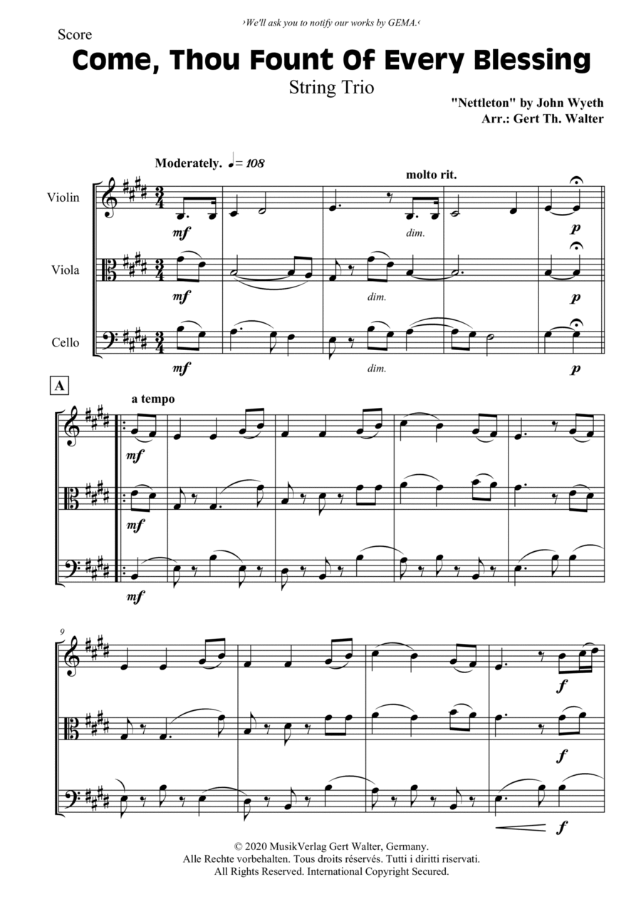 Come, Thou Fount Of Every Blessing String Trio scores gallery preview page 1