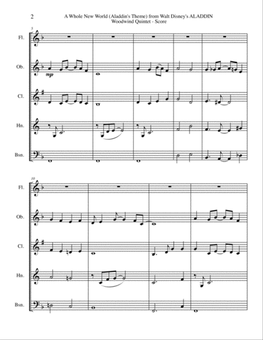 A Whole New World (from 'Aladdin') Woodwind Quintet scores gallery preview page 2
