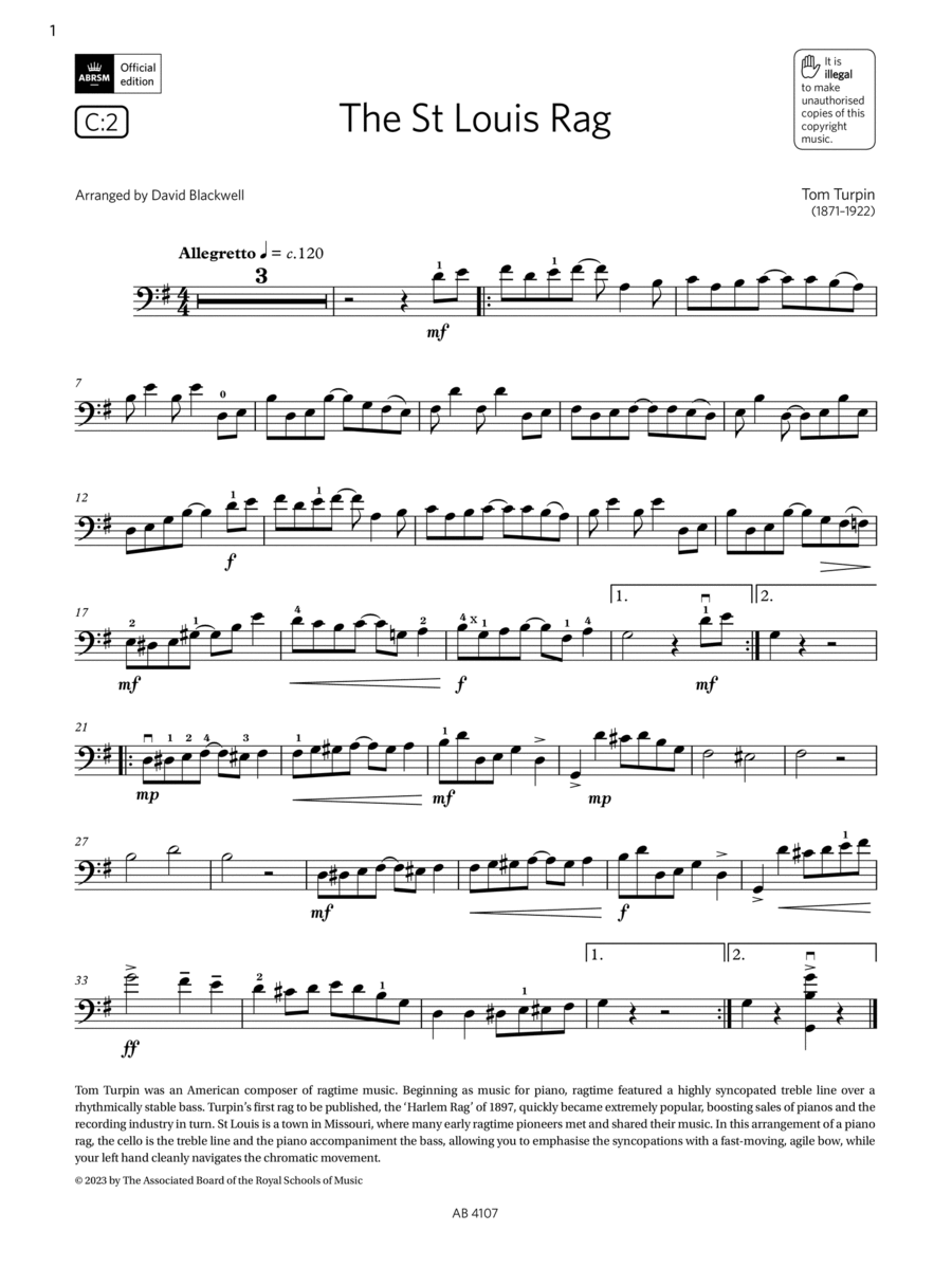 The St Louis Rag (Grade 4, C2, from the ABRSM Cello Syllabus from 2024) Cello Solo scores gallery preview page 1