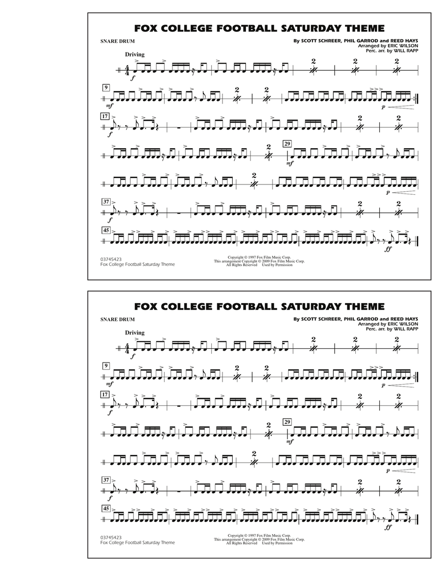 Fox College Football Saturday Theme - Snare Drum Marching Band scores gallery preview page 1