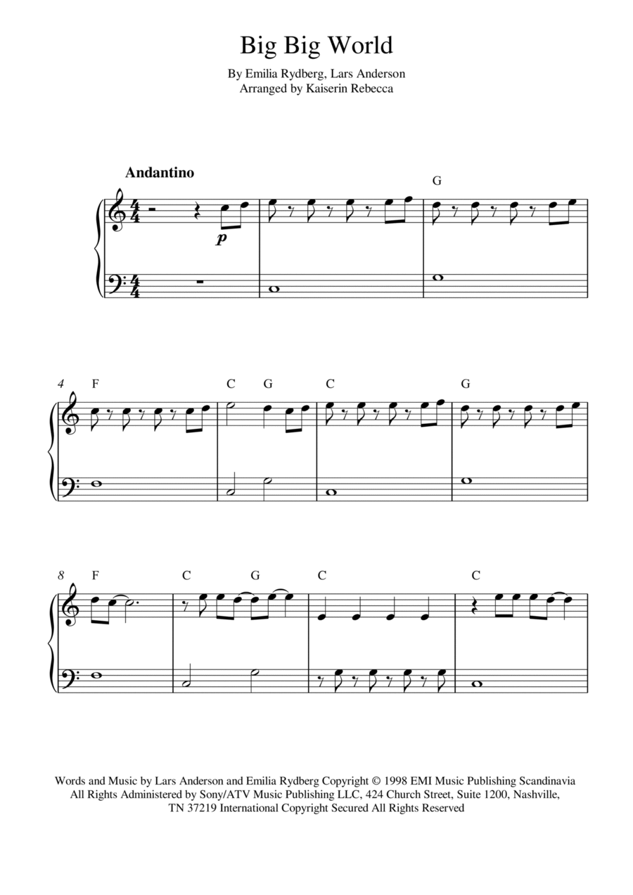 Big Big World Easy Piano scores gallery preview page 1