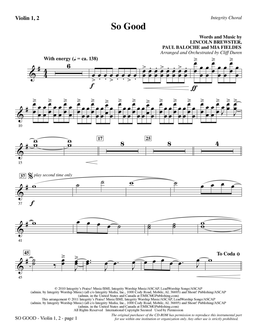 So Good - Violin 1, 2 So Good - Violin 1, 2 Choir scores gallery preview page 1