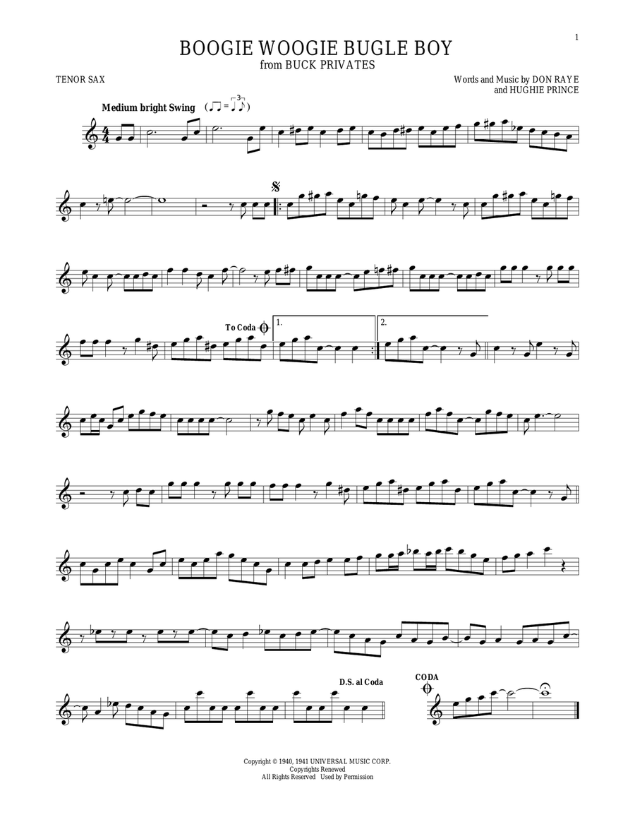 Boogie Woogie Bugle Boy Tenor Saxophone scores gallery preview page 1