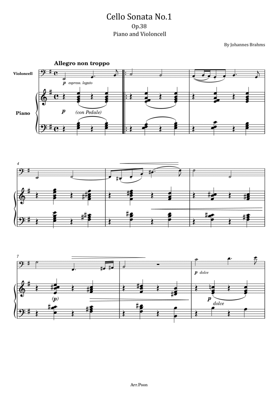 J. Brahms - Cello Sonata No.1 - Op.38 - Full Piano and Violoncell Score Original Piano scores gallery preview page 1