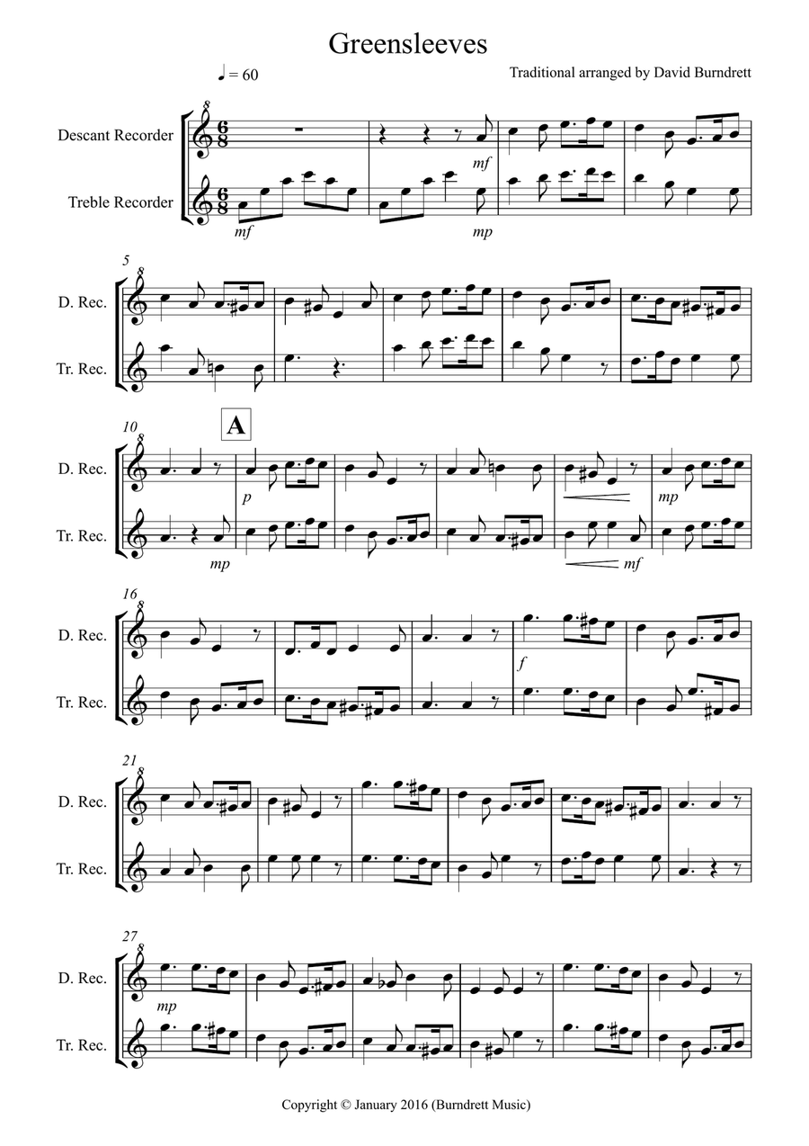 Greensleeves for Descant and Tenor Recorder Duet by Traditional