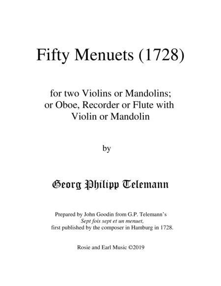 50 Menuets (1728) for Two Violins or Mandolins; or Oboe, Recorder or Flute with Mandolin or Violin