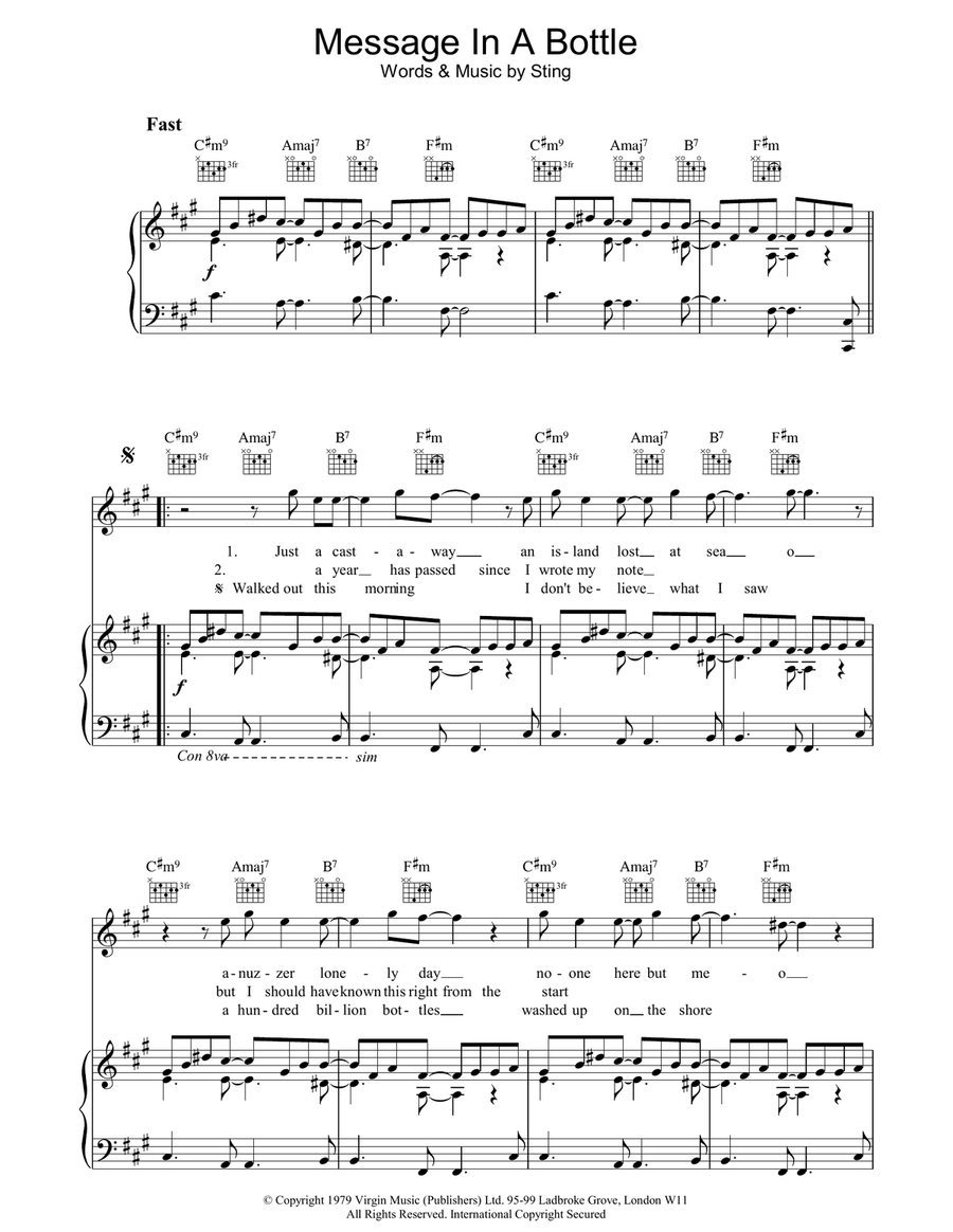 Message In A Bottle Piano, Vocal, Guitar scores gallery preview page 1