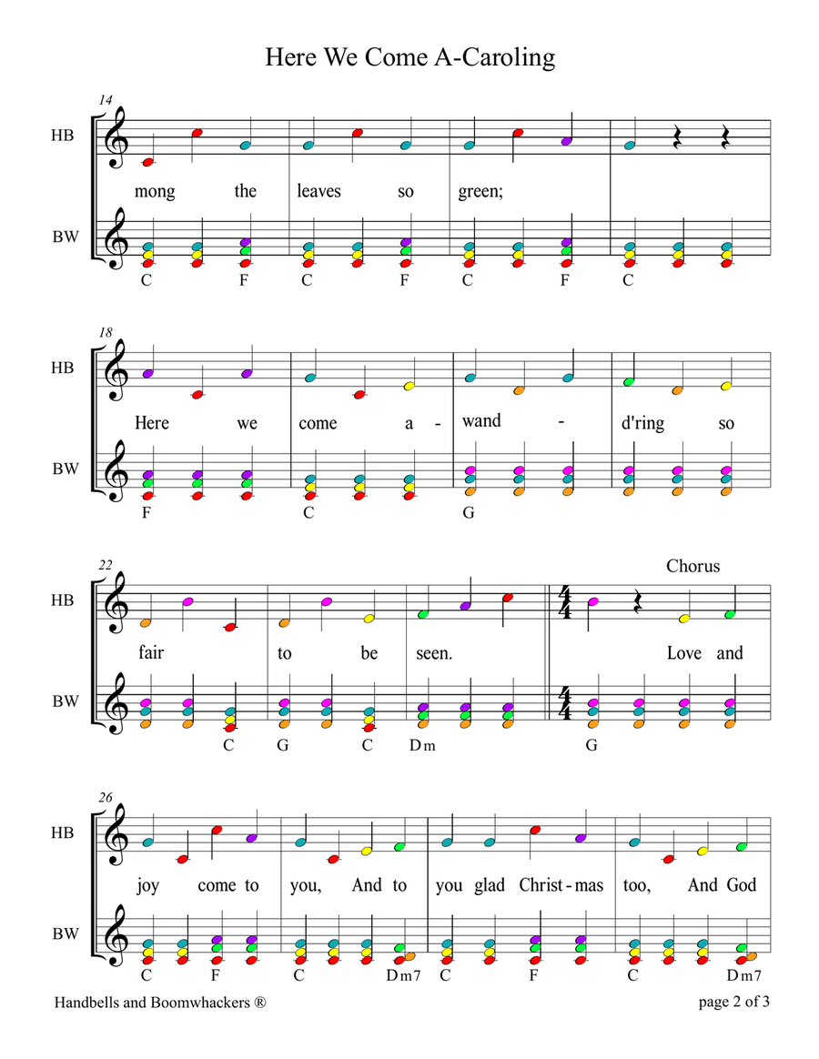 Here We Come A-Caroling for 8-note Bells and Boomwhackers (with Color Coded Notes) Handbell Choir scores gallery preview page 6