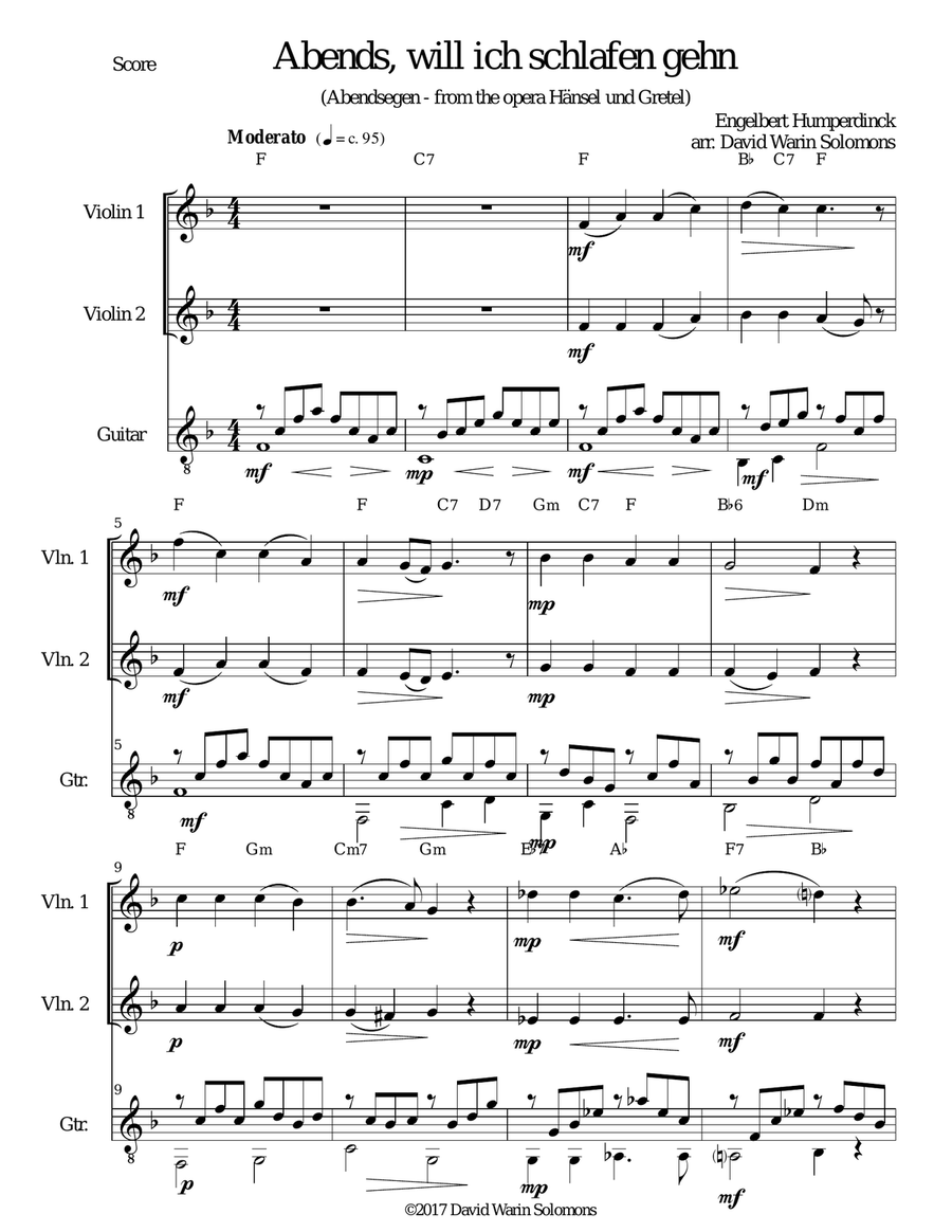 Abendsegen (Abends will ich schlafen gehn) for 2 violins and guitar String Duet scores gallery preview page 1