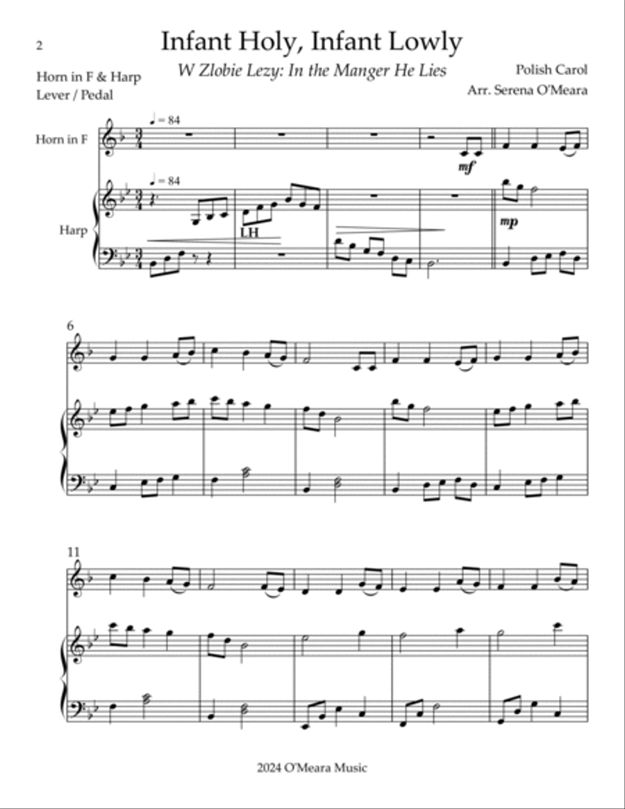 Infant Holy, Infant Lowly, Duet for Horn in F & Harp Harp scores gallery preview page 2