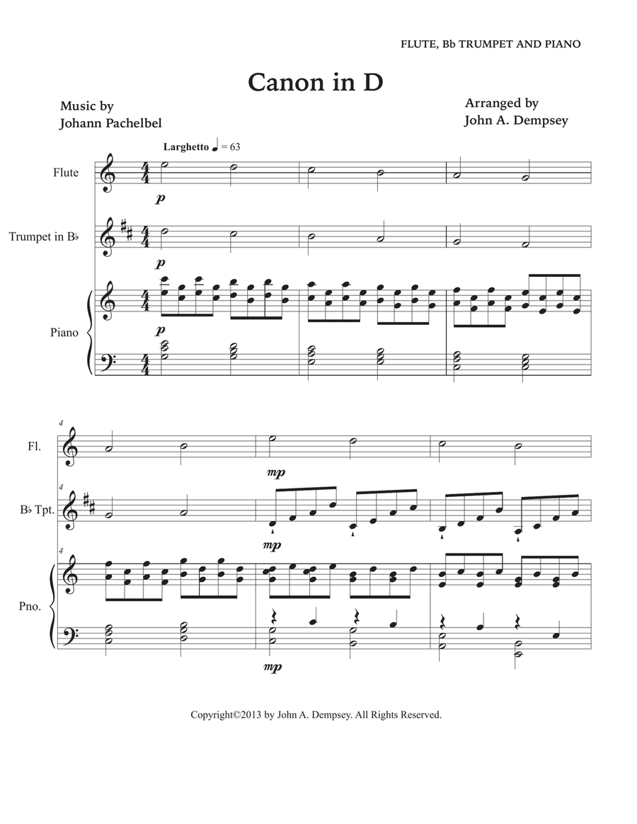 Canon in D (in C Major): Trio for Flute, Trumpet and Piano Small Ensemble scores gallery preview page 5