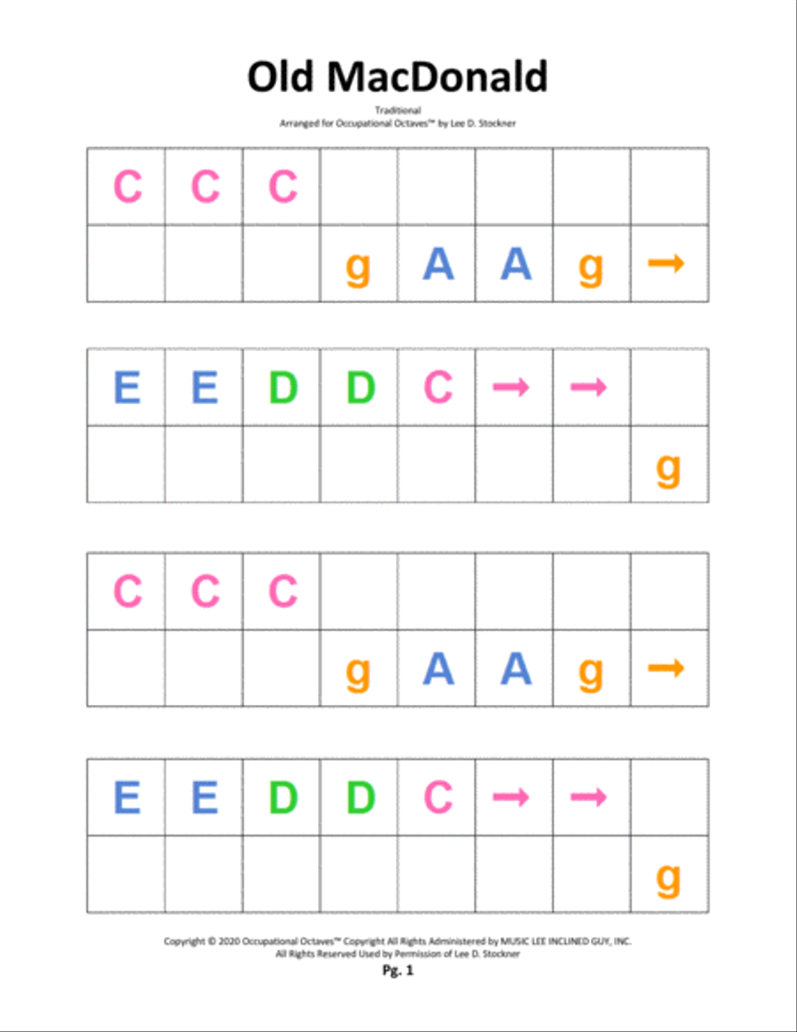 Occupational Octaves Piano™ Supplement 1.1A (This Old Man, Old MacDonald, and Camptown Races) Piano Solo scores gallery preview page 4