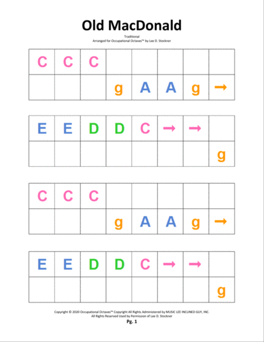 Occupational Octaves Piano™ Supplement 1.1A (This Old Man, Old MacDonald, and Camptown Races)