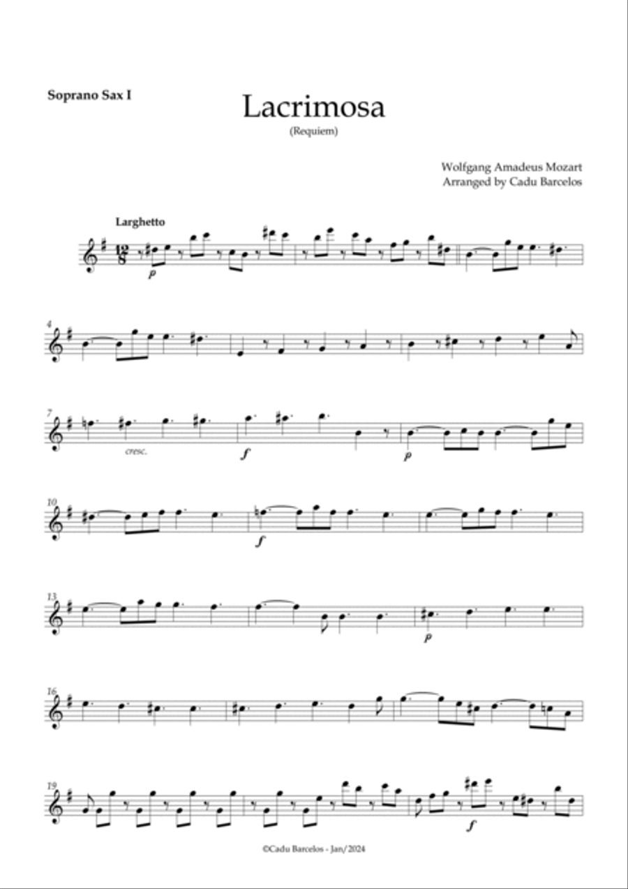 Lacrimosa (Saxophone Quintet) Piano and chords image number null