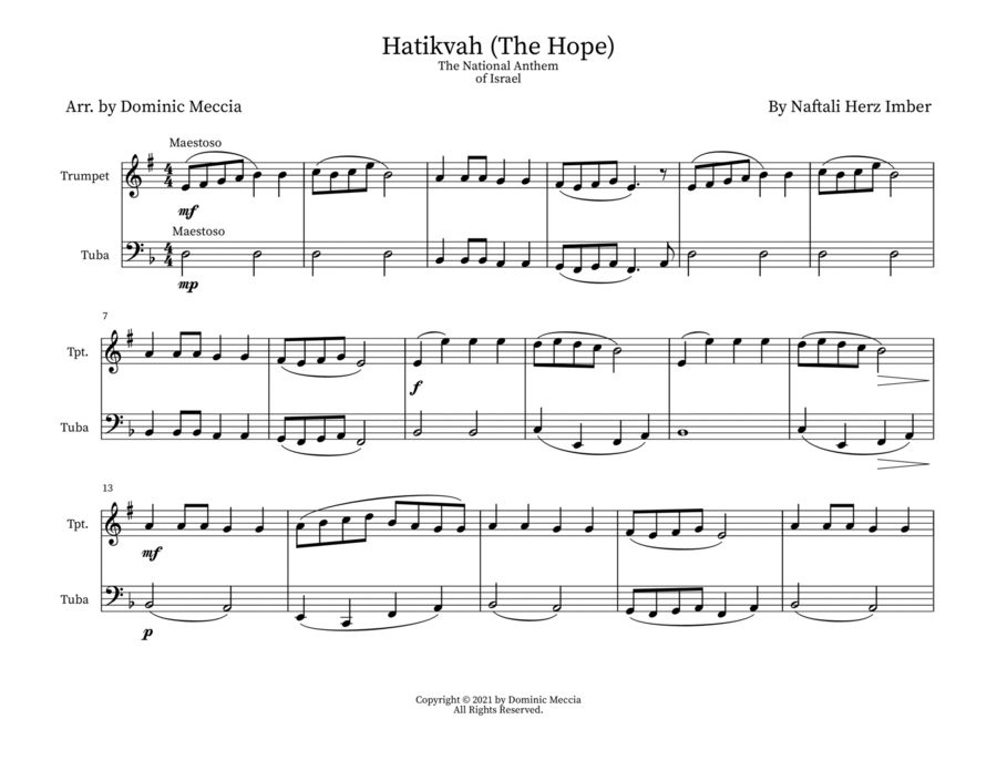 Hatikvah (The Hope) The National Anthem of Israel- Trumpet and Tuba Duet image number null