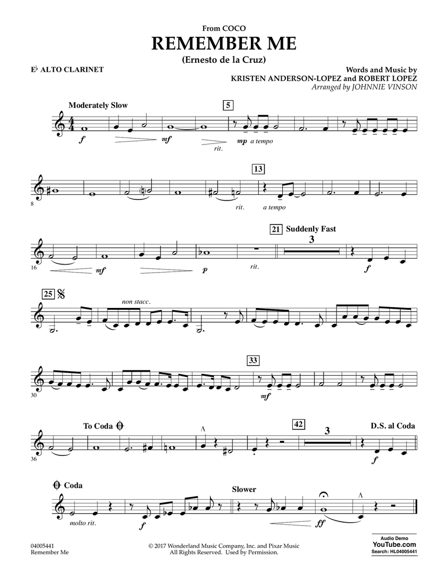 Remember Me (from Coco) (arr. Johnnie Vinson) - Eb Alto Clarinet