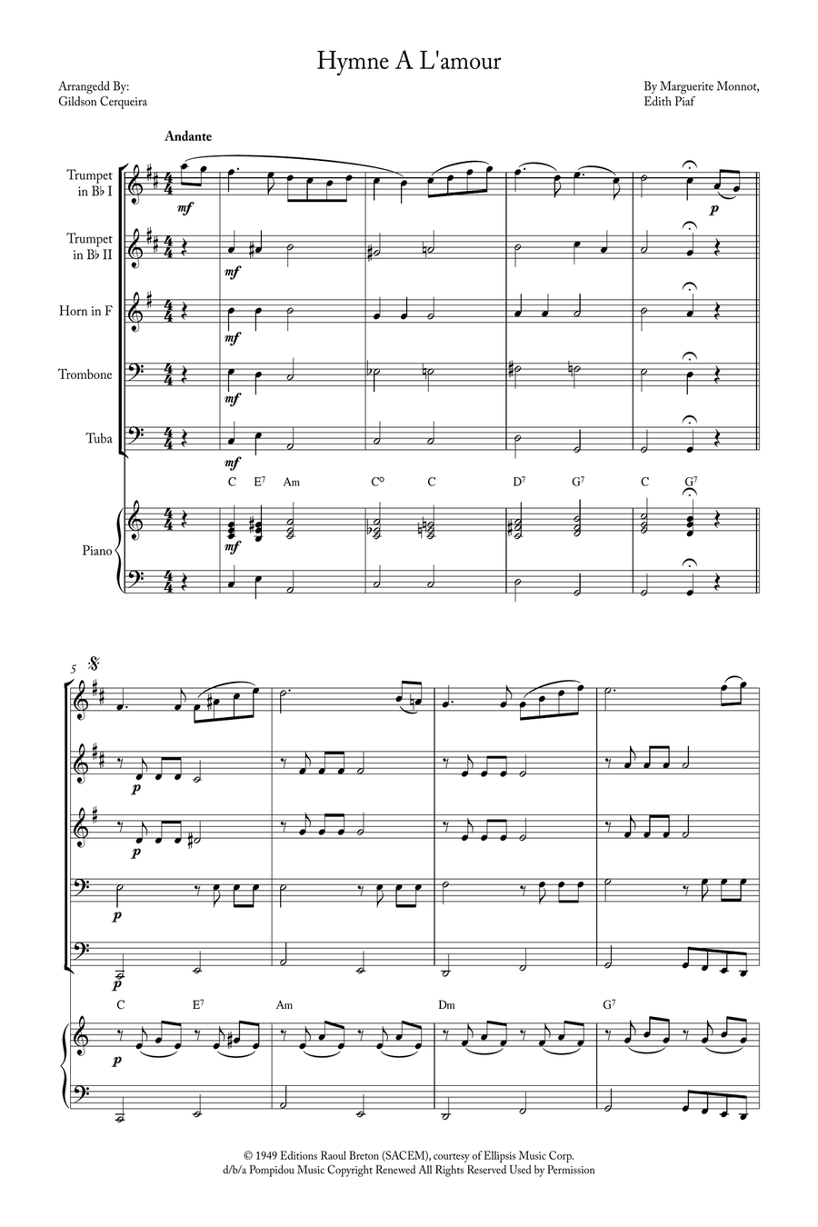 Hymne A L'amour Brass Quintet scores gallery preview page 1