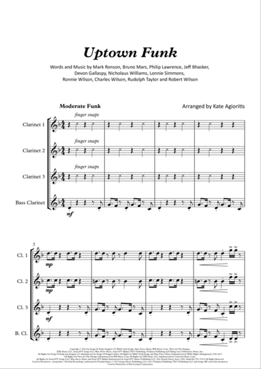 Uptown Funk Clarinet Quartet scores gallery preview page 2