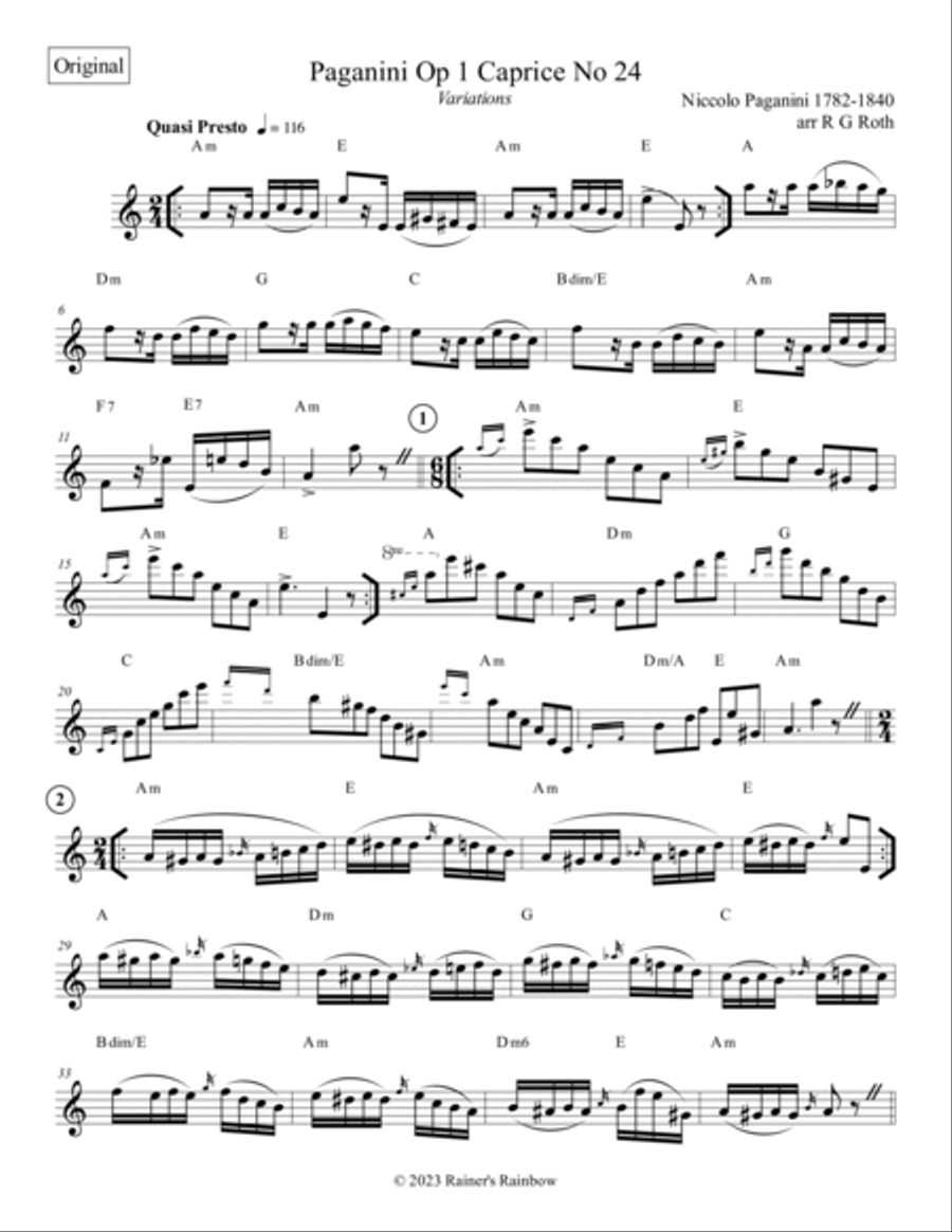 Paganini Op 1 Caprice No 24 Variations For Solo English Horn or Oboe