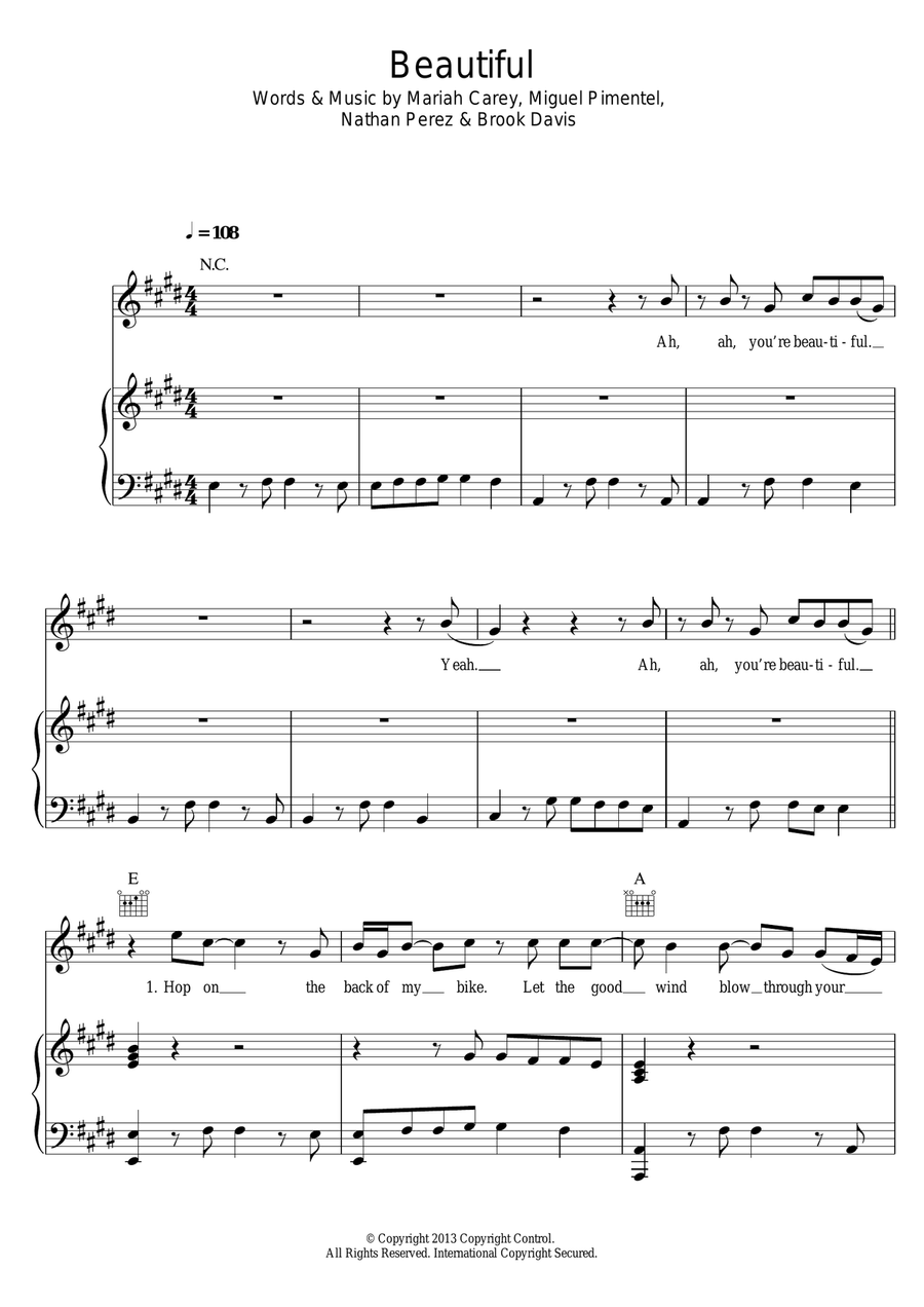 Beautiful (featuring Miguel) Piano, Vocal scores gallery preview page 1