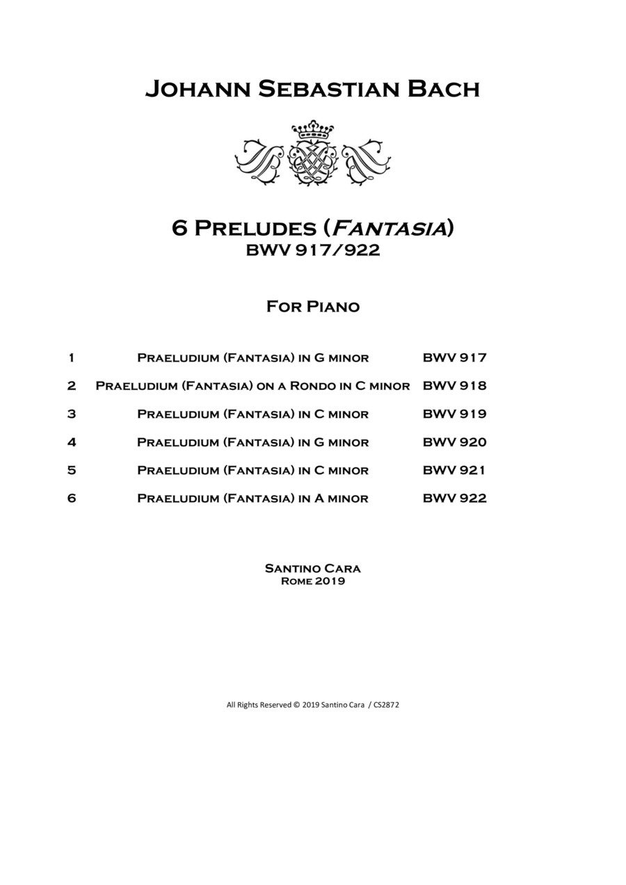 Bach - 6 Preludes (Fantasia) BWV 917-922 for Piano Piano Solo scores gallery preview page 1