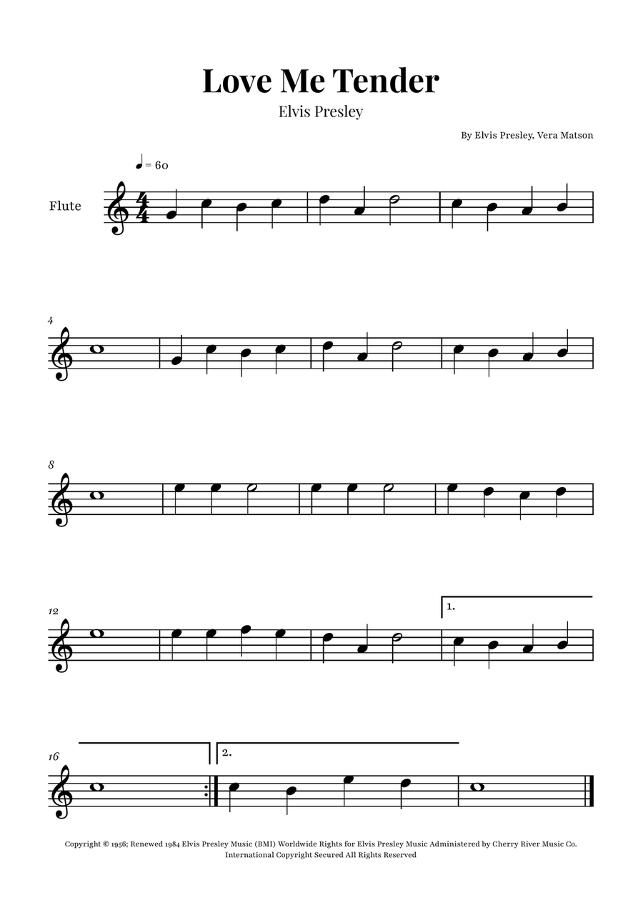 Love Me Tender Flute Solo scores gallery preview page 1