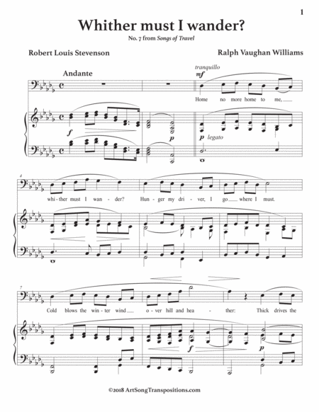 VAUGHAN WILLIAMS: Whither must I wander? (transposed to B-flat minor, bass clef)