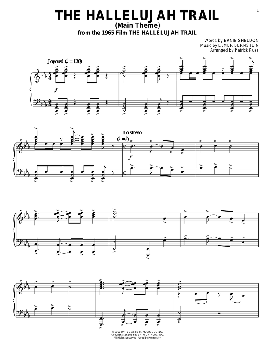 The Hallelujah Trail (Main Theme) Piano, Vocal, Guitar scores gallery preview page 1