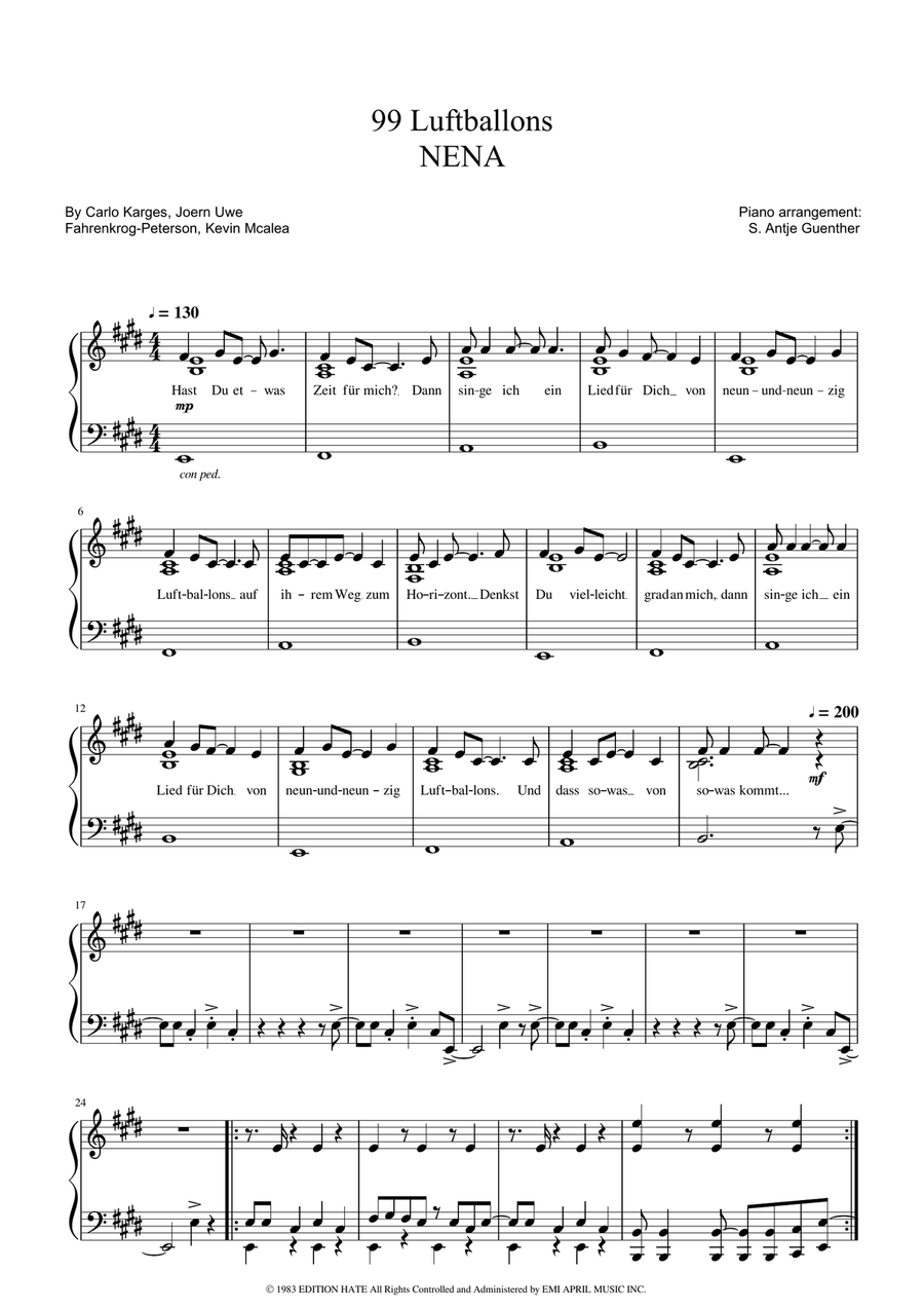 99 Red Balloons (99 Luftballons) Piano Solo scores gallery preview page 1