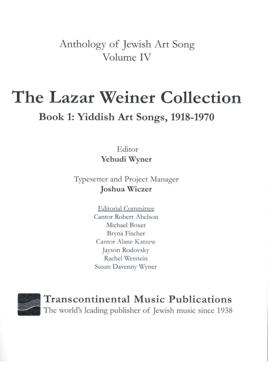 The Lazar Weiner Collection - Book 1: Yiddish Art Songs, 1918-1970