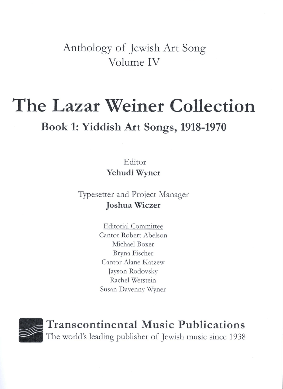 The Lazar Weiner Collection - Book 1: Yiddish Art Songs, 1918-1970
