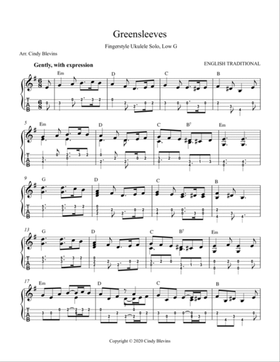 Greensleeves, Ukulele Solo, Fingerstyle, Low G Ukulele scores gallery preview page 2