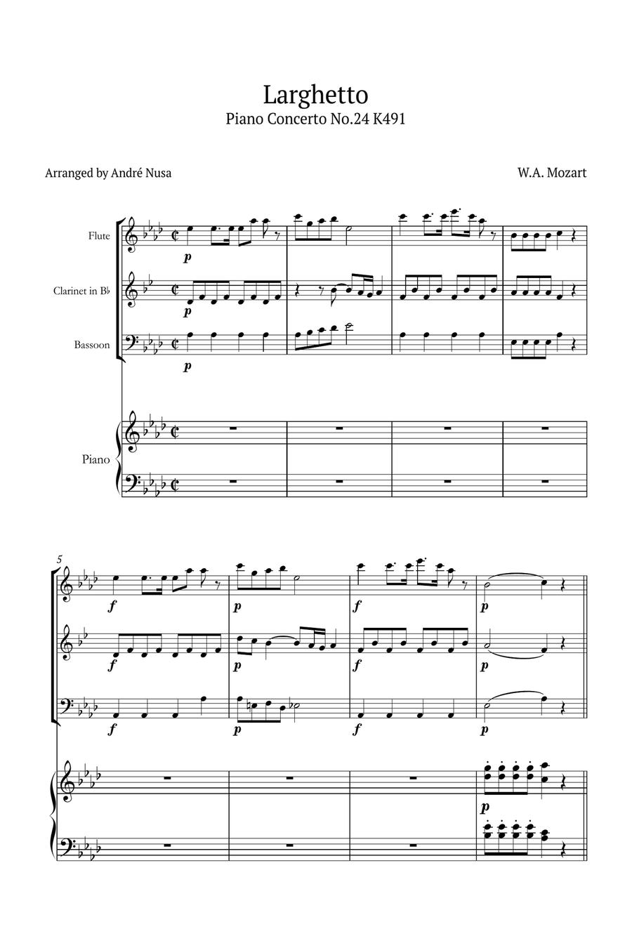 Piano Concerto No.24 Larghetto Small Ensemble scores gallery preview page 1