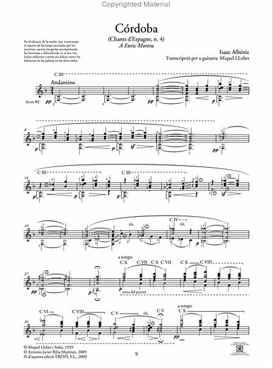 Córdoba (trans. per a guitarra de Miquel Llobet) Classical Guitar scores gallery preview page 2