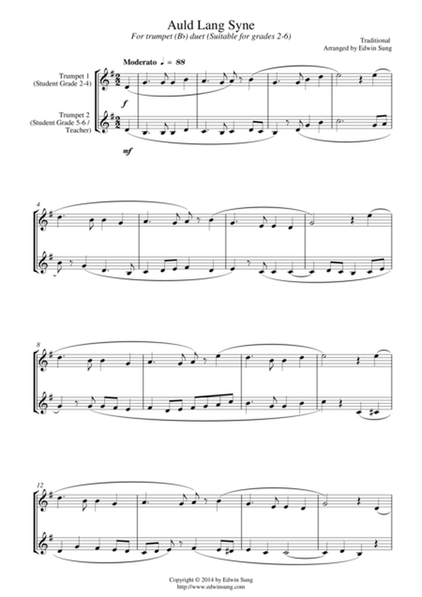 Auld Lang Syne (for trumpet (Bb) duet, suitable for grades 2-6) image number null