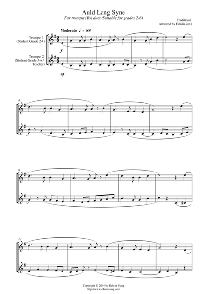 Auld Lang Syne (for trumpet (Bb) duet, suitable for grades 2-6) image number null