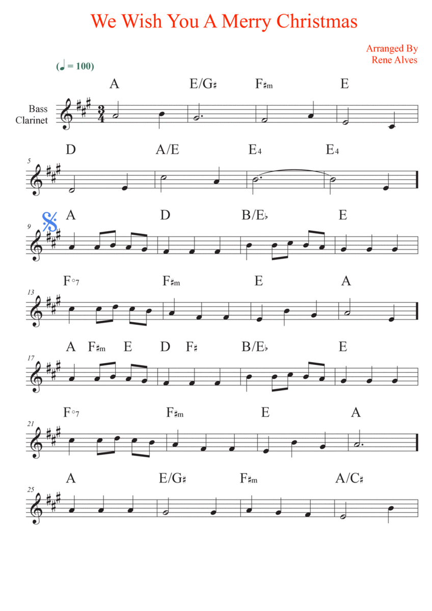 We Wish You A Merry Christmas, sheet music and bass clarinet melody for the beginning musician (easy image number null