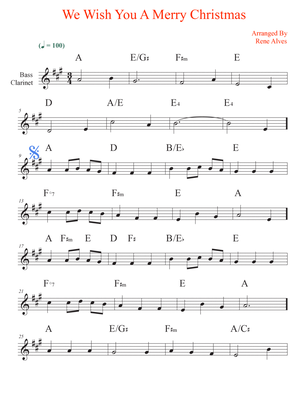 We Wish You A Merry Christmas, sheet music and bass clarinet melody for the beginning musician (easy