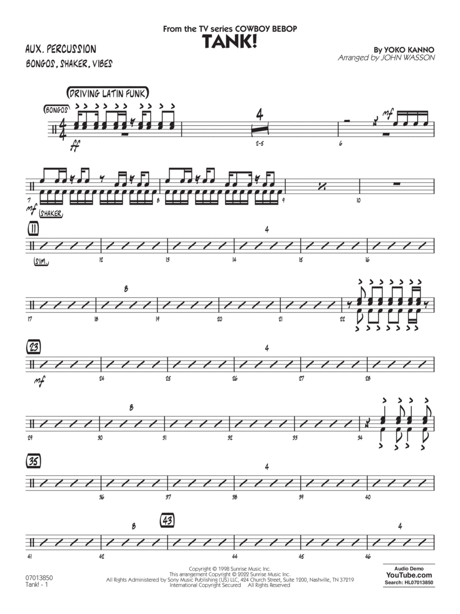 Tank! (from Cowboy Bebop) (arr. John Wasson) - Aux Percussion Jazz Ensemble scores gallery preview page 1